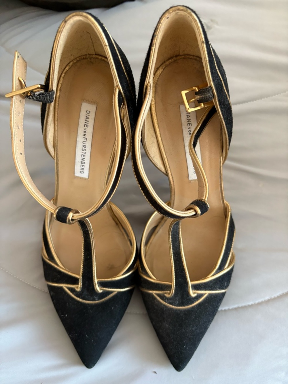 Vintage like-new Diane Von Furstenberg Black and Gold Pointed T‑Strap Pumps